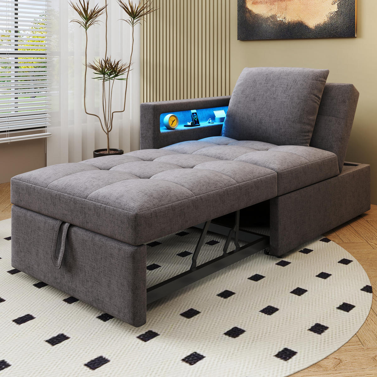 SCHLAFSOFA 177/68/65 cm Grau mit LED-Lichtleiste und USB-/Typ-C-Anschlüsse - Dunkelgrau, Textil (177/65/68cm) - Oxeza