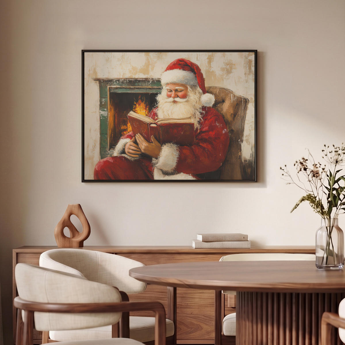 LEINWAND Bilder mit Rahmen - Weihnachten - Weihnachtsmann - Winter - Open Fireside - 80x60 - Dunkelrot, Textil (80/60cm) - MuchoWow