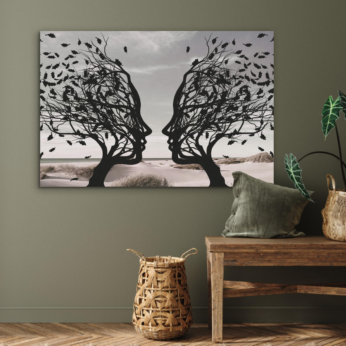 AKUSTIKPANEEL Strand - Meer - Menschen - Baum - Moderne Kunst 100x70 cm - Hellgrau, Textil (100/0.9/70cm) - MuchoWow