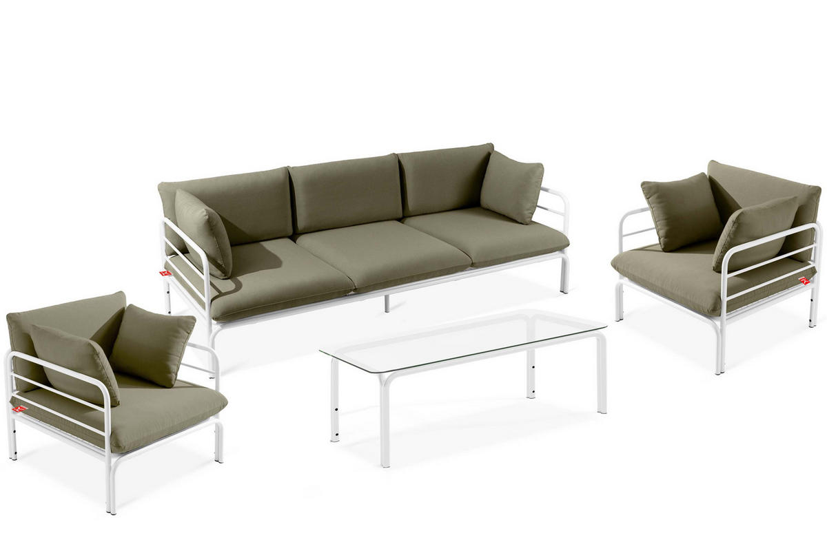 GARTENMÖBELSET RAMBE 4-tlg. 1x Tisch 2x Sessel 1x Sofa 3-Sitzer, mit Auflage, Stahlrahmen, LOFT-STIL, Weiß/Beige - Beige/Weiß, Textil/Metall - KONSIMO®