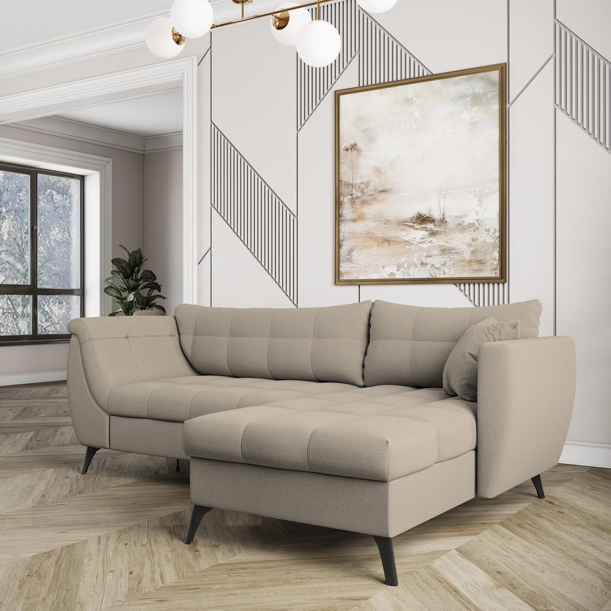ECKSOFA MOLLIS Beige Geflochtener-Stoff mit Schlaffunktion - Beige, Holz (241/154cm) - MASSENO