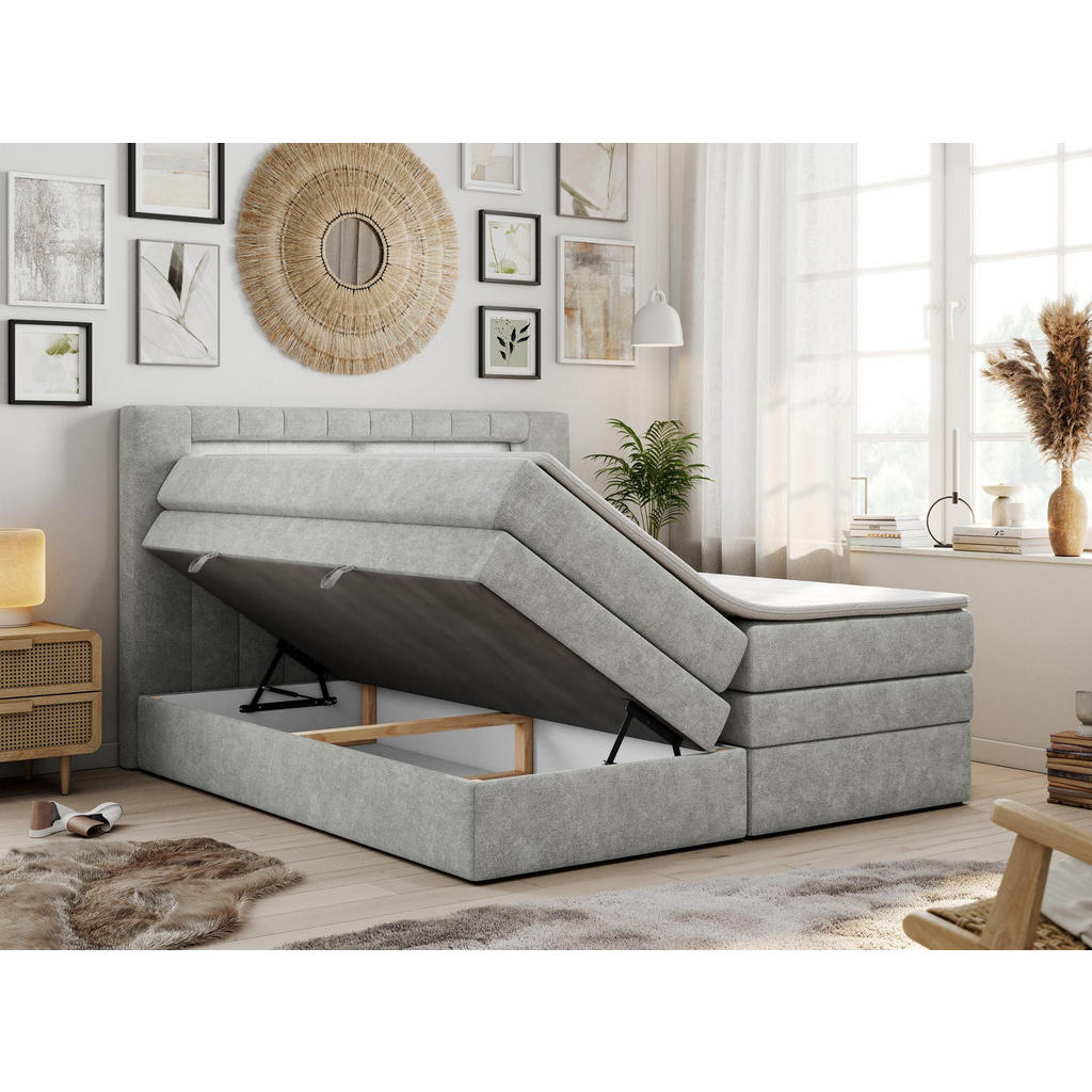 Thumbnail - MKS Boxspringbett, Hellgrau, Textil, 2-Sitzer, H4, Rechteckig, 140x200 cm, Schlafzimmer, Betten, Boxspringbetten