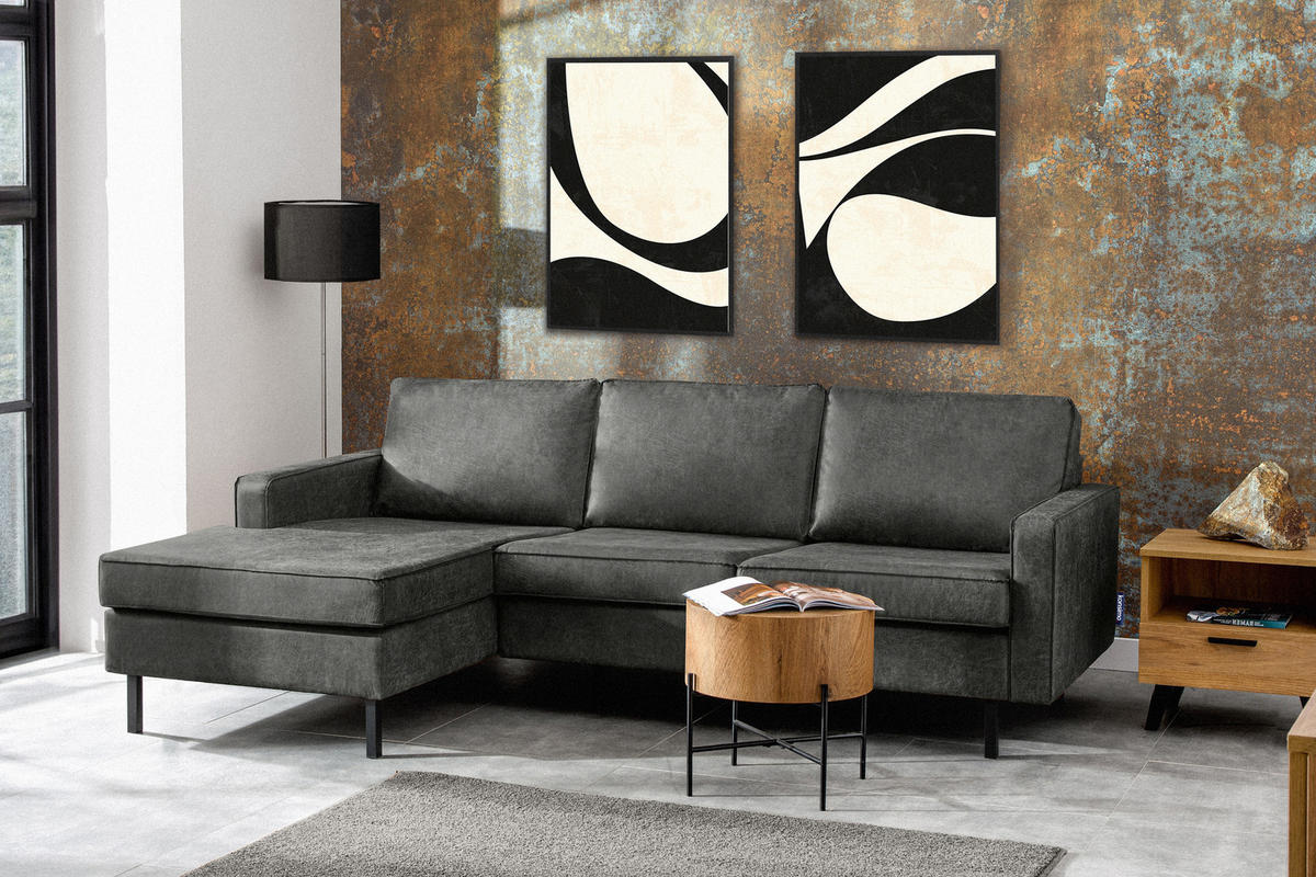 ECKSOFA-LINKS INVIA mit Armlehnen vintage, Lederoptik-Stoff, dunkelgrau - Dunkelgrau/Schwarz, Textil (234/160cm) - KONSIMO®