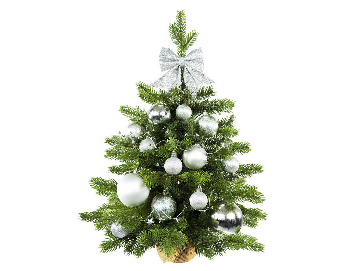 WEIHNACHTSBAUM künstlicher 60 cm mit LED-Beleuchtung, GOLDWEIHNACHTEN II, mit 34 Weihnachtsbaumschmuck, Pflanztopf mit Jutesack - Silberfarben/Grün, Kunststoff/Stein (40/60cm) - LAALU