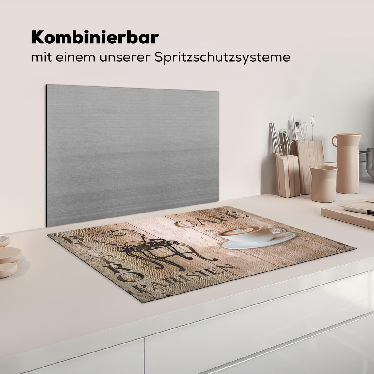 KRYT NA INDUKČNÍ DESKU Bistro Parisien - Kavárna - Káva - Vintage 75x52 cm - kapučínová, plast (75/52/0.2cm) - MuchoWow