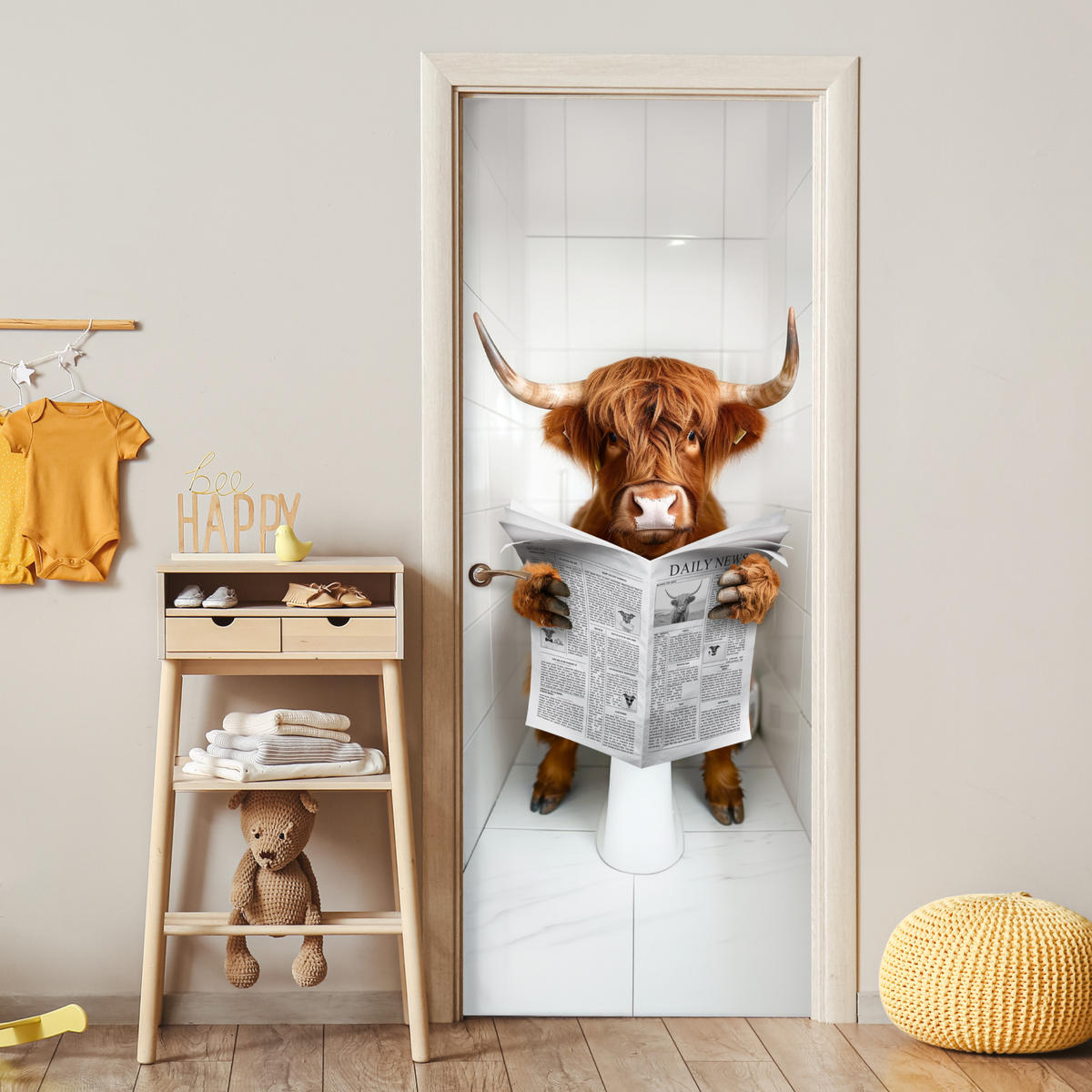 FOTOTAPETE Tür - Schottisches Hochlandrind - Zeitung - WC - Tier 95x235 cm - Weiß, Kunststoff (95/0.1cm) - MuchoWow