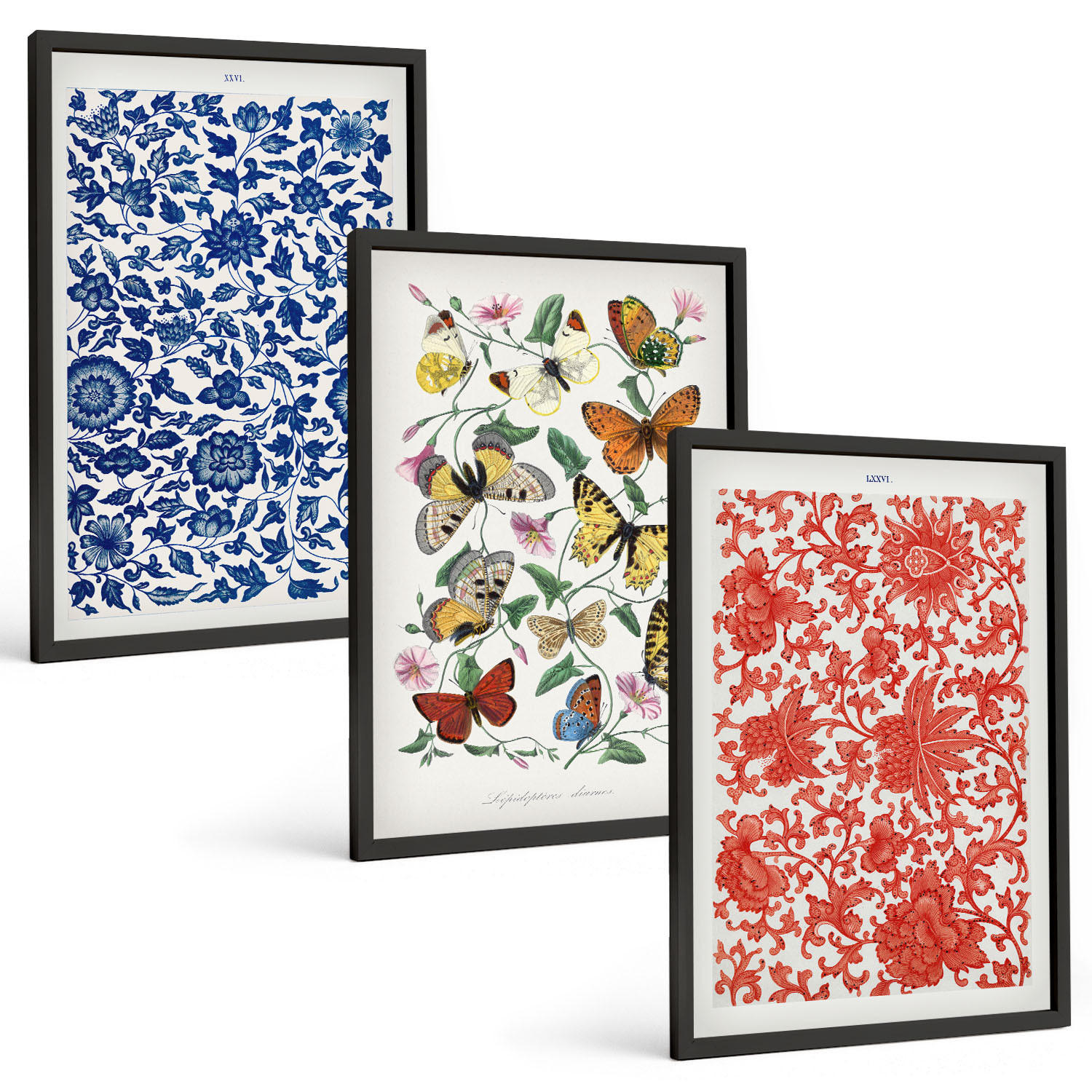 BILDER SET 3er Set - 40x60 cm Schwarzer Rahmen - Vintage-Blumen-Schmetterlings-Ornamente - Schwarz, Kunststoff (40/60cm) - TULUP