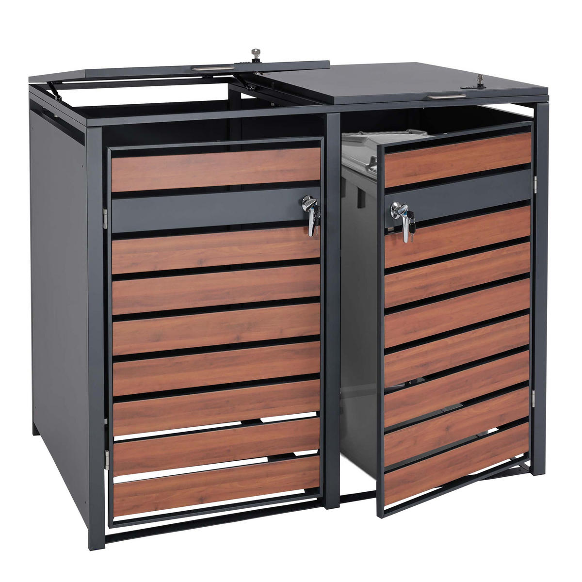 MÜLLTONNENBOX 2er 117x132x80cm Anthrazit Kirsche-Holzoptik Dunkelbraun - Kirschbaumfarben, Metall (132/117/80cm) - PROREGAL