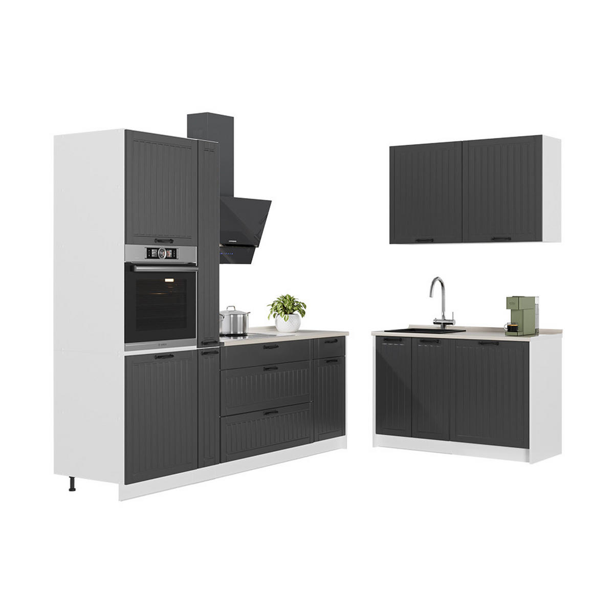 KUHINJA Fame-Line, Temno siva/Bela, 220 x 120 cm brez delovne plošče - temno siva/bela, leseni material (220/206.8/51.6cm) - Vicco