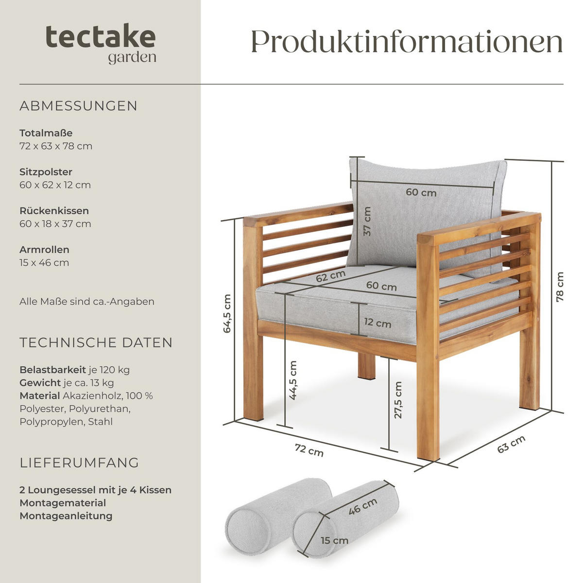 GARTEN-LOUNGESESSEL Boka, 72 x 63 x 64,5 cm, braun - Braun, Holz (72/78/63cm) - tectake
