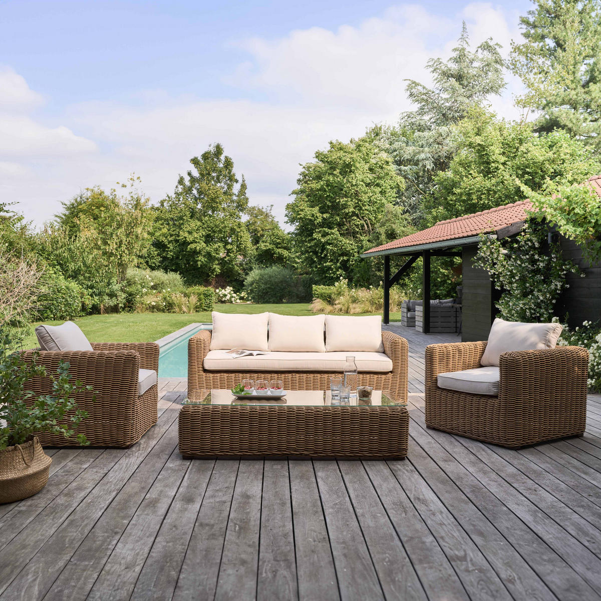 GARTEN-LOUNGEGARNITUR 5-Sitzer, Weiß - Weiß, Naturmaterialien - Oviala