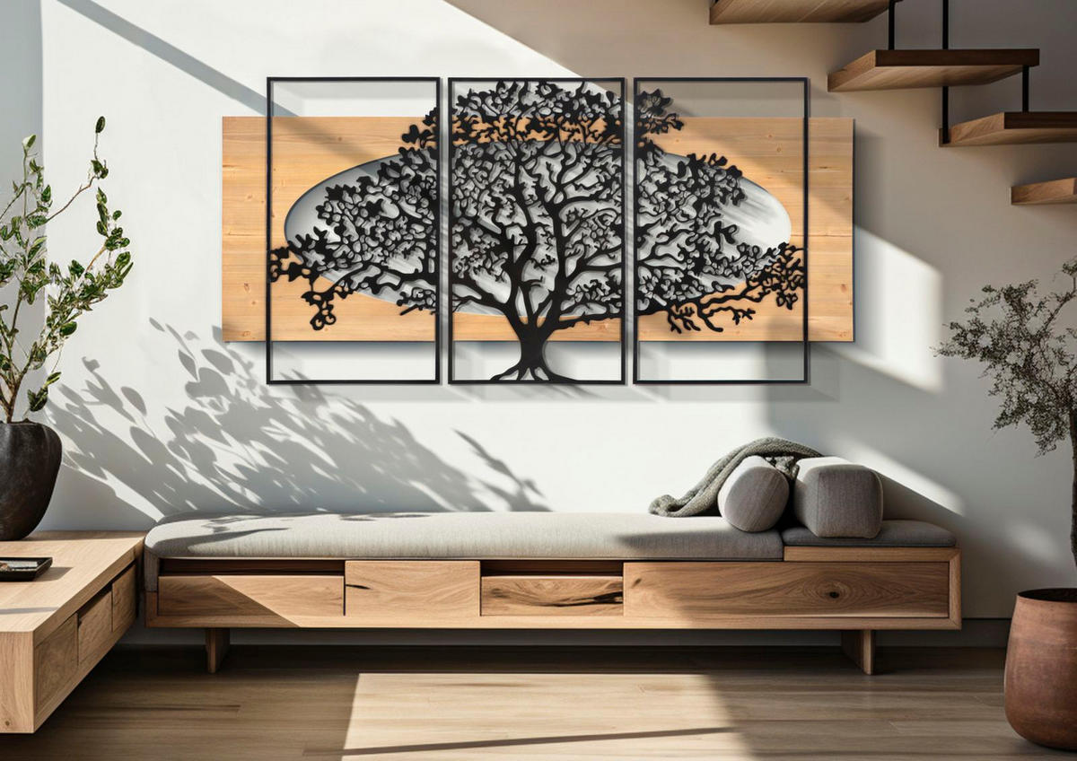 WANDDEKORATIONEN IM 3ER-SET Tree, schwarz und braun, Eisen und MDF, Motiv: Baum - Schwarz/Braun, Holzwerkstoff/Metall (176/90/2cm) - Mauro Ferretti