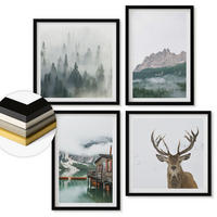 WANDBILDER 4er-Set - 50x50 cm & 40x60 cm Schwarzer Rahmen - Berge, See, Hirsche, Hütte, Nebel - Schwarz, Kunststoff (50/50cm) - ArtPrintCave