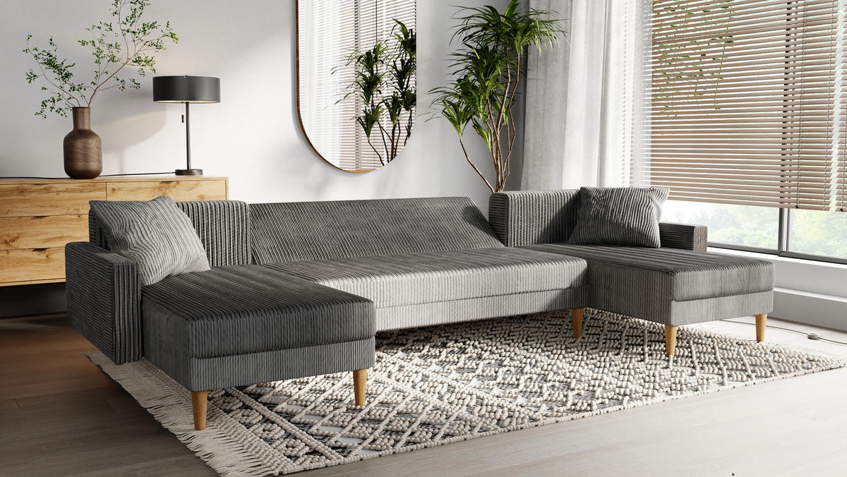 ECKSOFA mit Schlaffunktion U-Form, Hellgrau - Grau, Holzwerkstoff/Textil (330/134cm) - Idohome