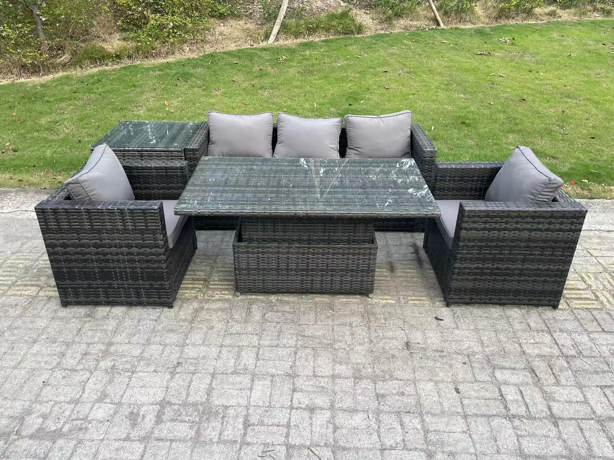 GARTENSET Polyrattan 5-Sitzer - Dunkelgrau/Grau, Glas/Kunststoff - Fimous
