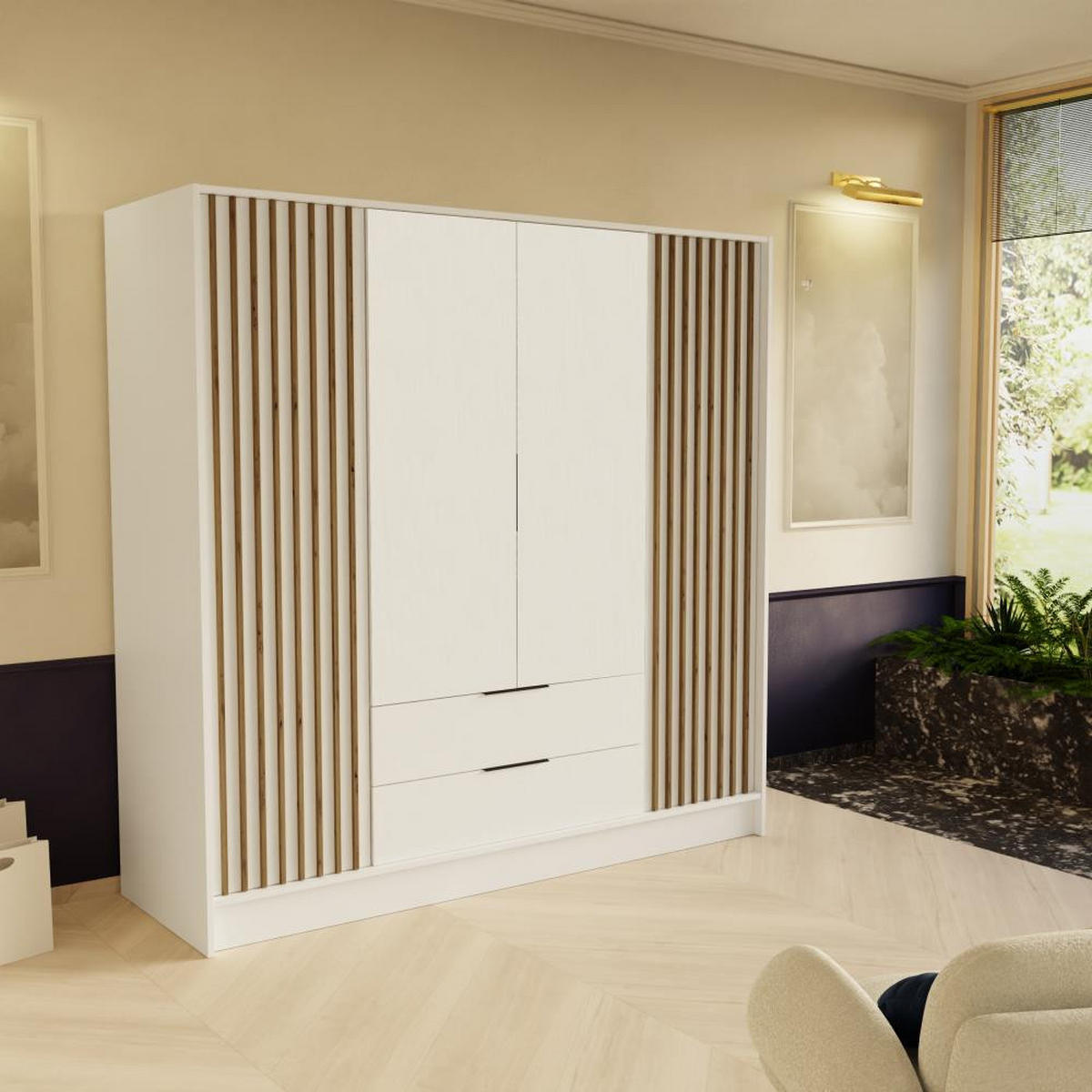DREHTÜRENSCHRANK Nero 200/51/200 cm mit Lamellen weiß - Schwarz/Weiß, Holzwerkstoff (200/200/51cm) - Beautysofa