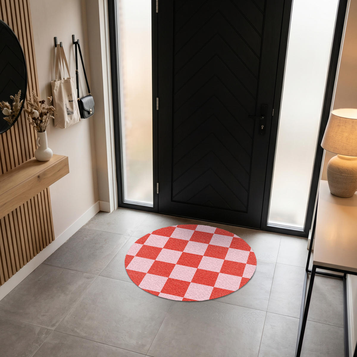 ROHOŽKA Šachovnicový vzor - červená - růžová - kostky 90x90 cm - červená, textil/umělá hmota (90/0.4cm) - MuchoWow