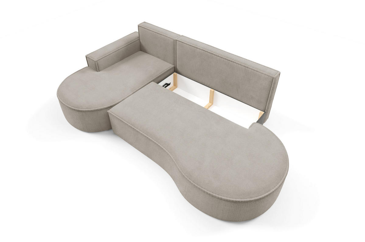 ECKSOFA MOLLY mit Schlaffunktion – Halbrund, freistehend, Liegefläche 140x207 cm, 3 Kissen, Abriamo-Stoff, 277x157x88 cm, Links Esche - Silberfarben, Holz/Textil (157/277cm) - DomoHome