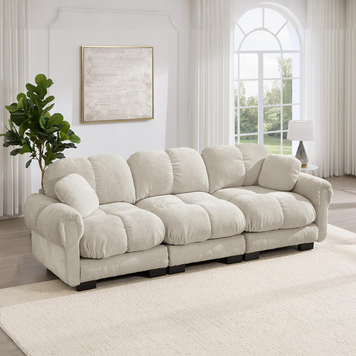 3-SITZER-SOFA DE-34384 Steppdesign und 2 Dekokissen Hellkhaki - Sandfarben, Textil (86/90/260cm) - ComfortXL