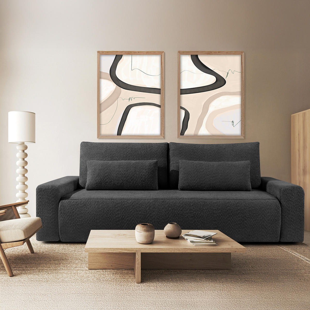 3-SITZER SCHLAFSOFA MOLLIS, Bouclé, Anthrazit - Anthrazit, Holz/Holzwerkstoff (250/93/108cm) - KONSIMO®