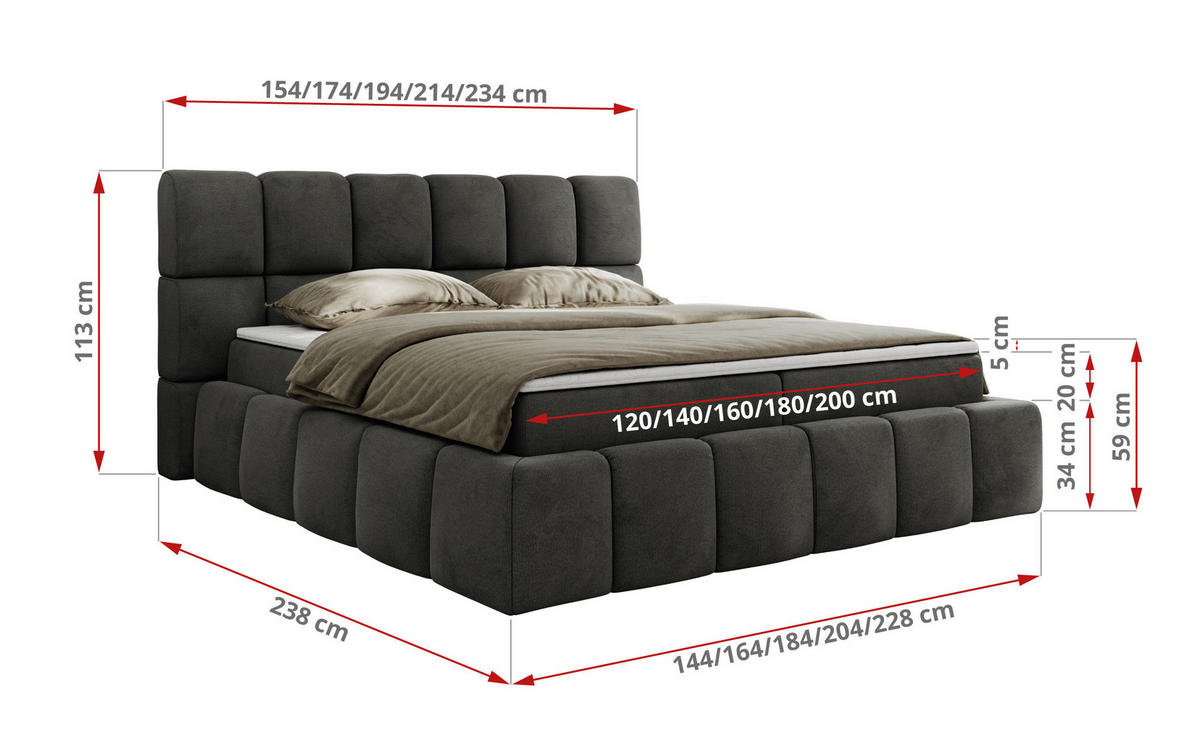 BOXBETT NIRA 200/200 - Dunkelgrau Velvet - H4 - Dunkelgrau, Holz/Textil (200/200cm) - MKS