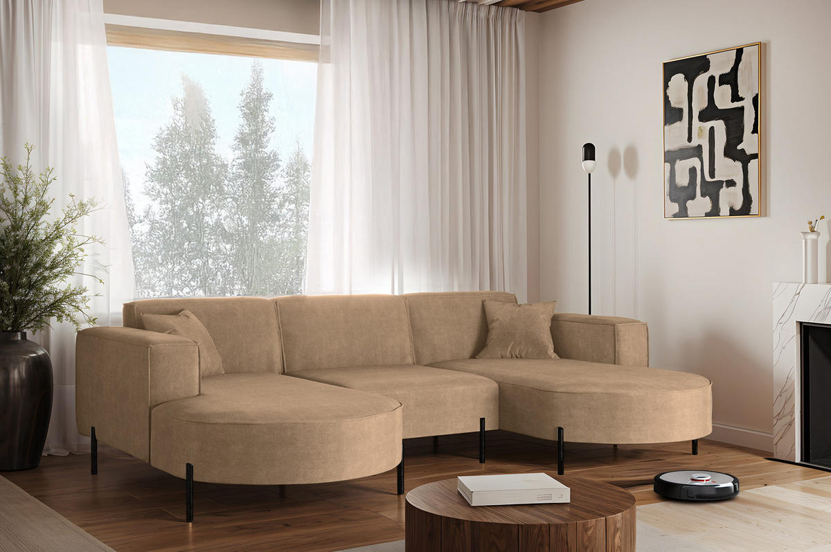 ECKSOFA U-Form Designer Modena Rein Stoff Noel Beige - Beige, Holz (165/299cm) - Kaiser Möbel