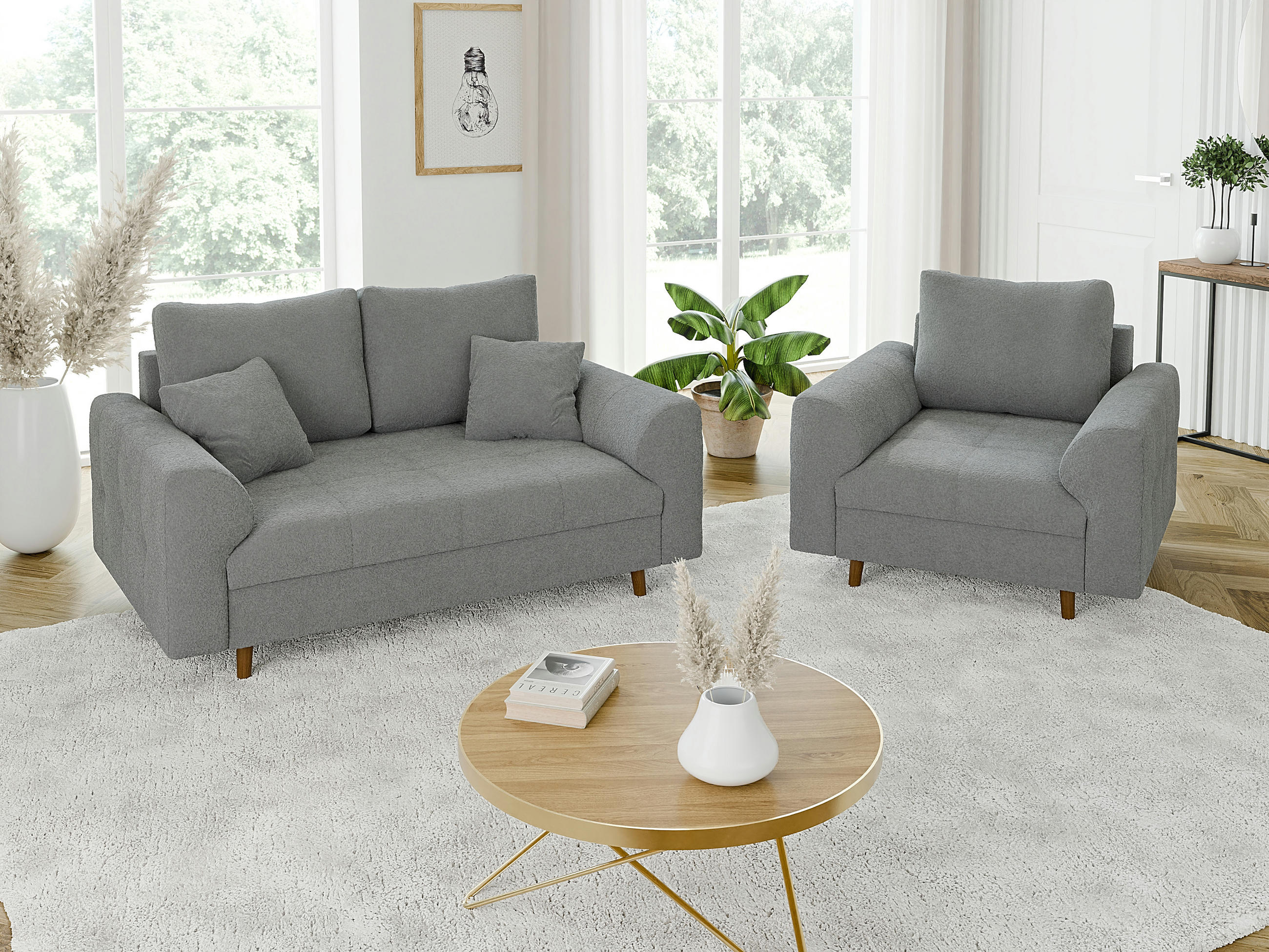 SITZGARNITUR 2+1 Henrik Grau Boucle - Dunkelgrau/Braun, Holz/Textil (150/81/93cm) - S-Style Möbel