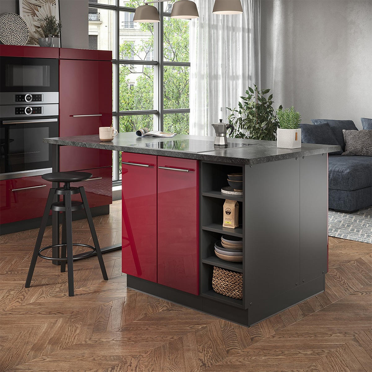 KÜCHENINSEL Fame-Line Bordeaux Hochglanz/Anthrazit 90 cm ohne Arbeitsplatte - Bordeaux/Anthrazit, Holzwerkstoff (90/82/82cm) - Vicco