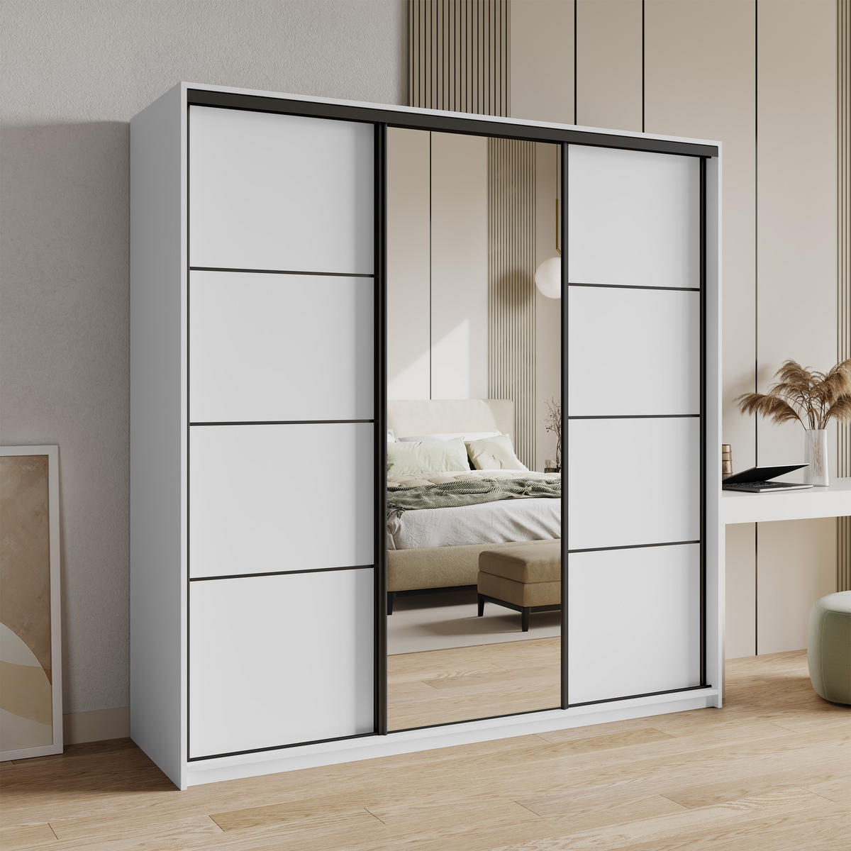 SCHWEBETÜRENSCHRANK VARO 180/205/60 cm 3-türig mit Spiegel und Schubladen Weiß - Schwarz/Weiß, Holzwerkstoff (180/205/60cm) - MASSENO
