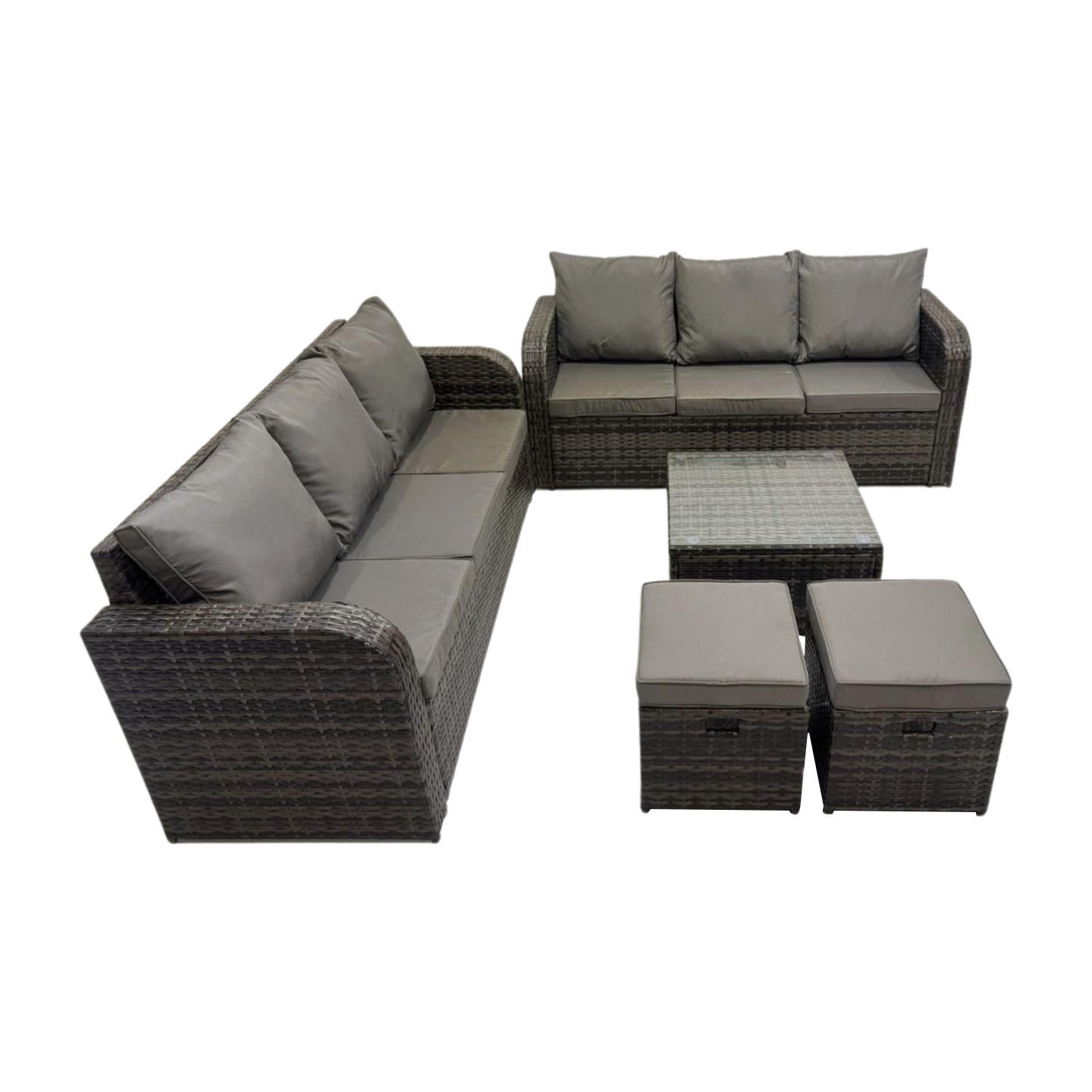 GARTENTISCHGRUPPE Polyrattan Dunkelgrau 5-teilige - Dunkelgrau/Grau, Glas/Kunststoff - Fimous