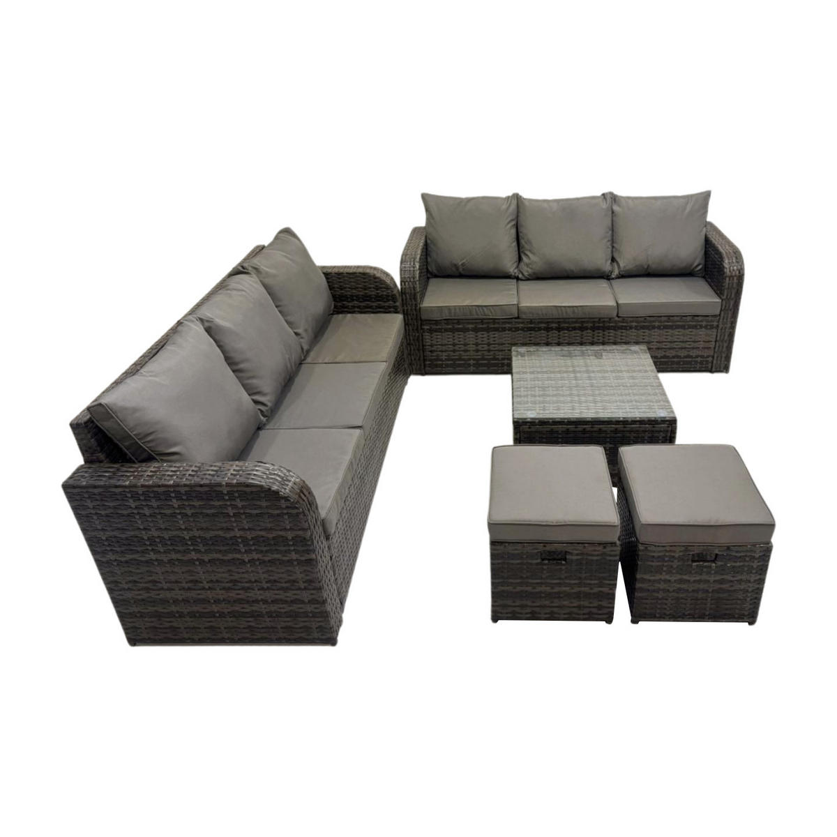 GARTENTISCHGRUPPE Polyrattan Dunkelgrau 5-teilige - Dunkelgrau/Grau, Glas/Kunststoff - Fimous