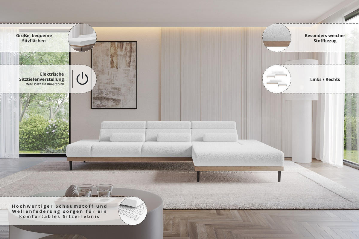 ELEKTRISCHES ECKSOFA Rechts MONA 316x205x85 Weiß Bouclé - Weiß, Holzwerkstoff/Textil (316/205cm) - ALTDECOR