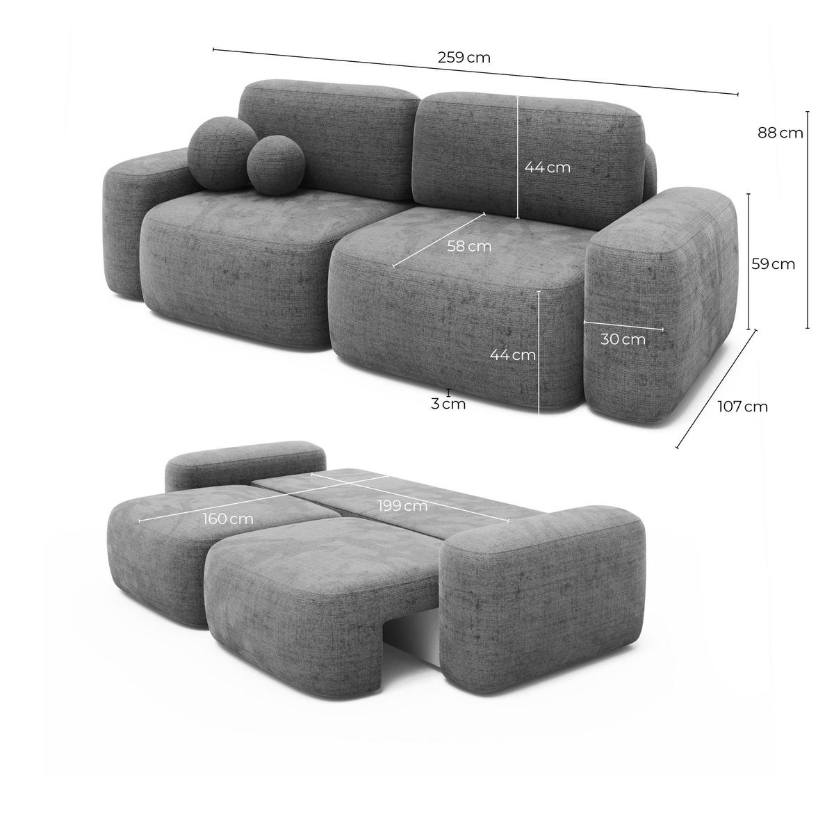 SOFA 2-Sitzer Chenille 259x107x88 grau LEVI - Grau, Kunststoff (259/88/107cm) - Massivmoebel24