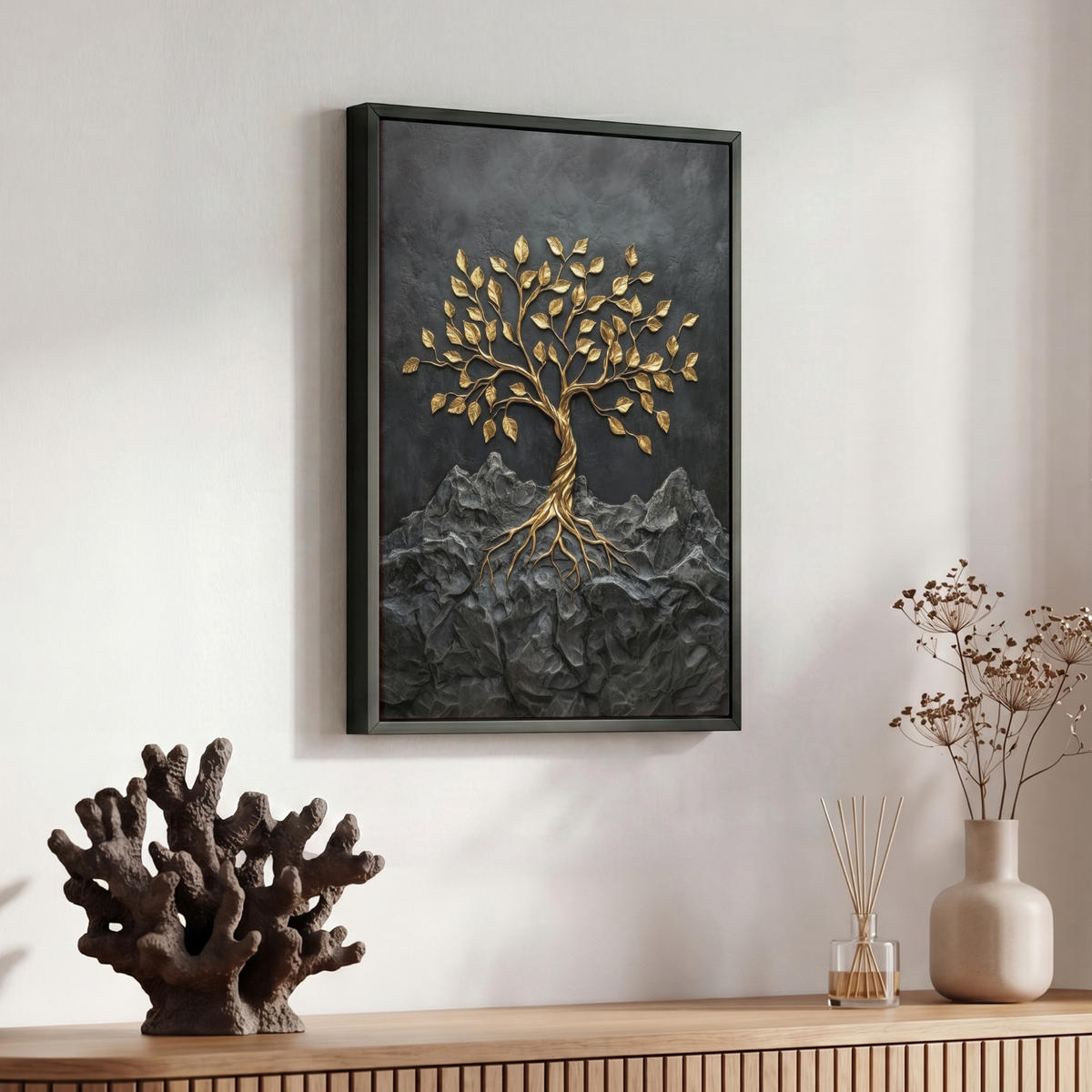 LEINWAND Bilder mit Rahmen - Blätter - Gold - Baum - Fels - 30x40 - Schwarz, Textil (30/40cm) - MuchoWow