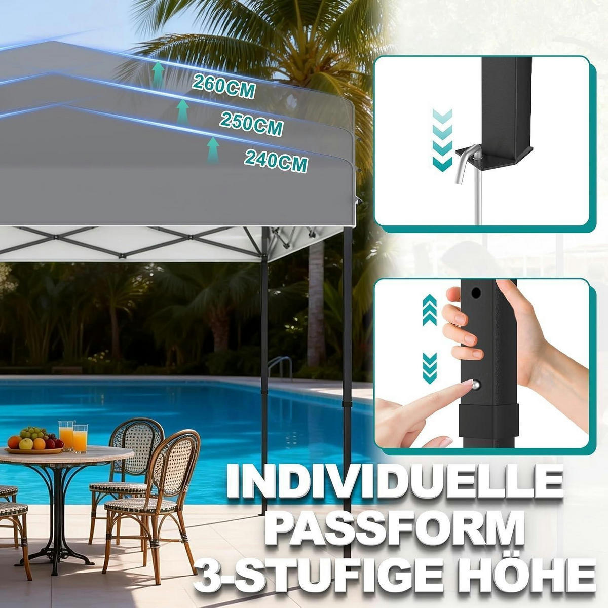 FALTPAVILLON 300 x 300 cm Silbergrau mit One-Touch Lift - Grau, Textil (300/260/300cm)
