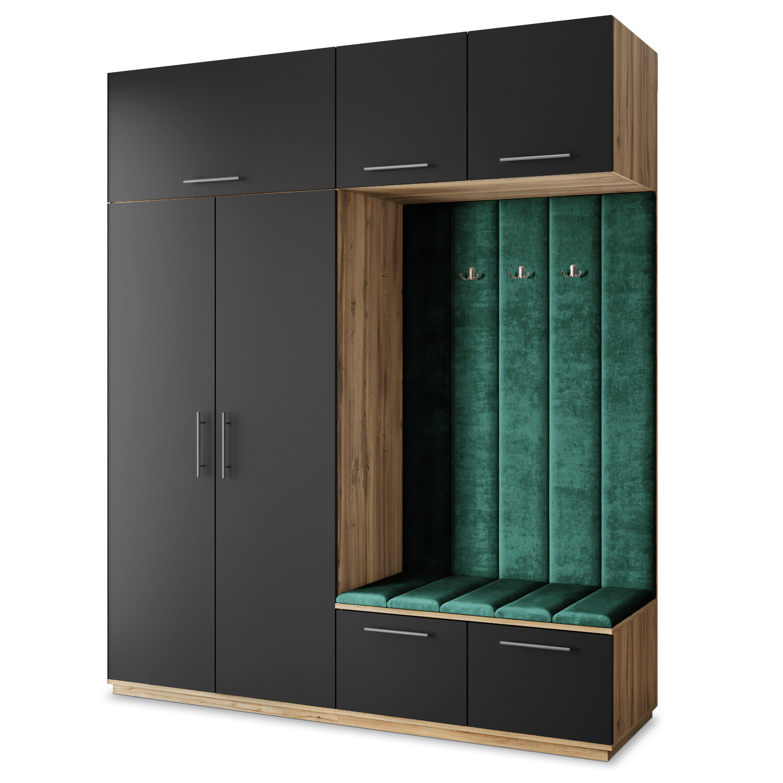Masseno Garderobenschrank Eiche Wotan, Schwarz, Grün 200x240x60 cm