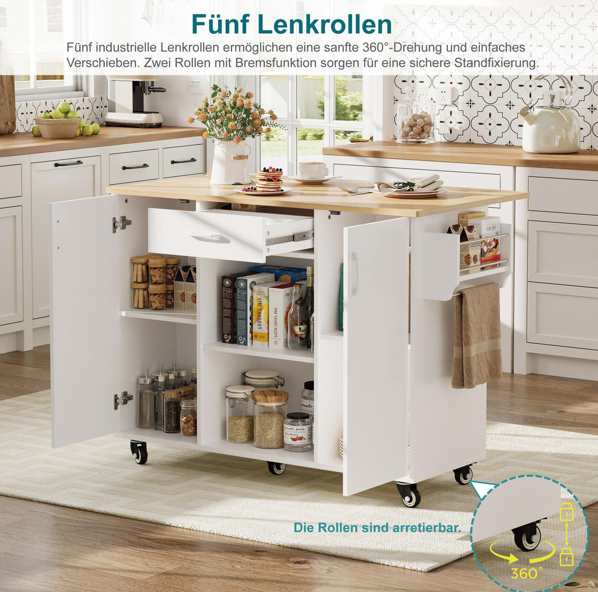 KÜCHENWAGEN mit klappbarer Arbeitsplatte, Schublade und Schränken, White+Natural - Weiß, Holz (67.5/92.8/136.5cm) - Beauniv
