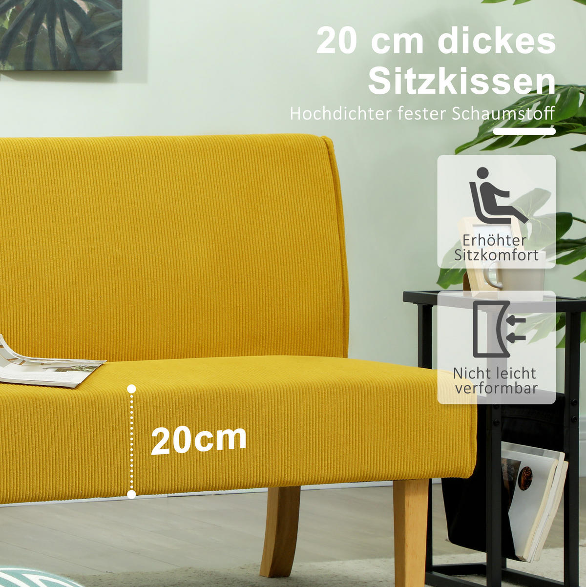 2-SITZER Sofa Cord-Optik Polyester Massivholzrahmen, Holzbeine 110/62/85 cm Gelb - Gelb, Textil (62/85/110cm) - Redom