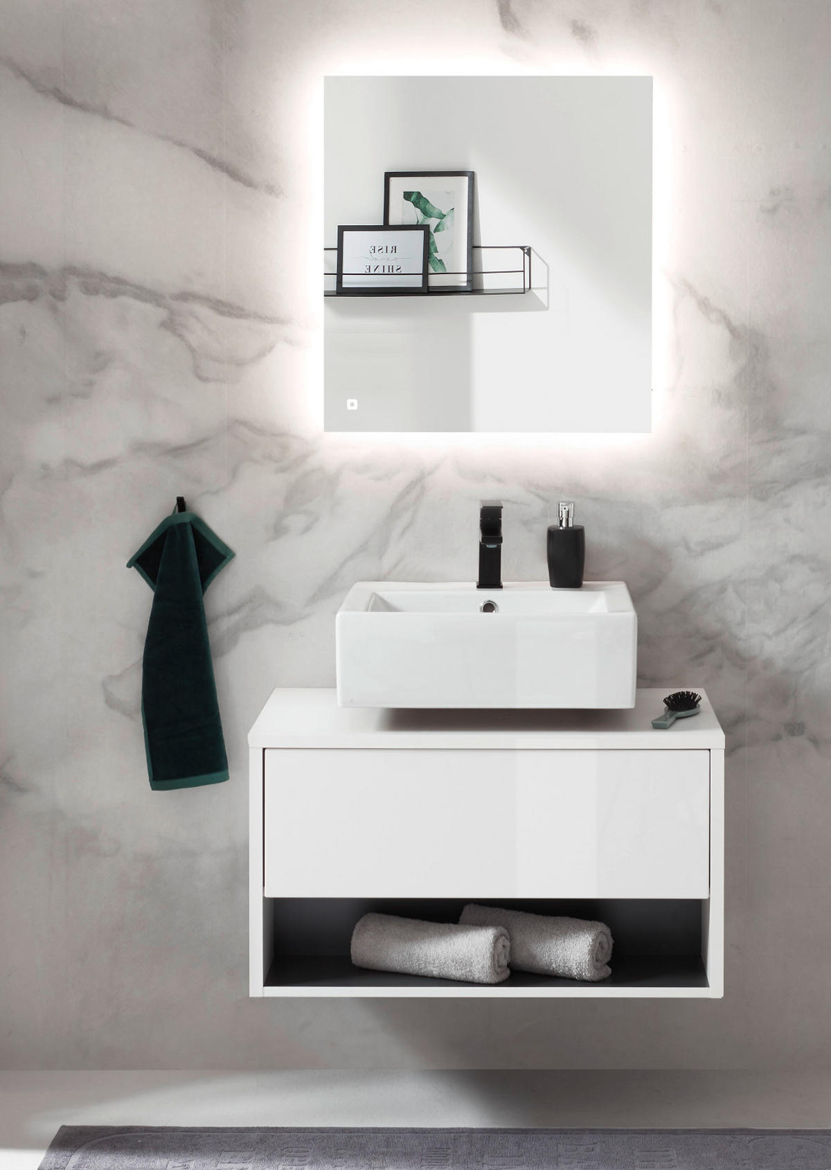 BADMÖBEL-SET 3-teilig weiß Hochglanz, grau, Badezimmerschränke mit LED Beleuchtung - Weiß Hochglanz/Grau, Glas/Holzwerkstoff (135/190/46cm) - Furn.Design