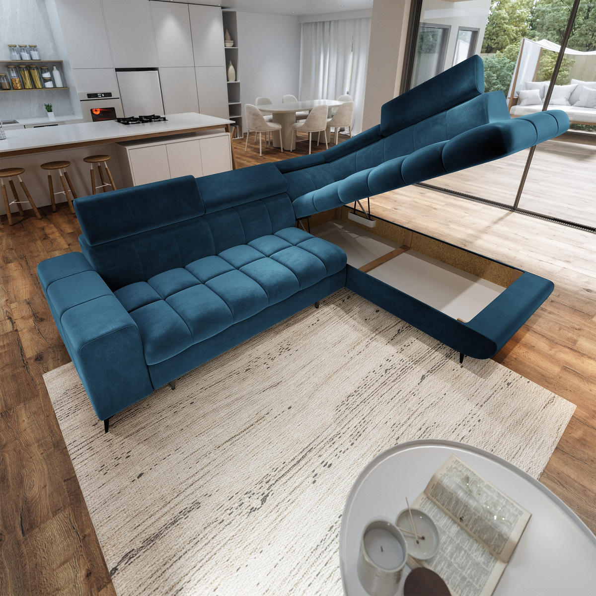 ECKSOFA MORIVA R-S Blau Velours-Stoff mit Schlaffunktion - Blau, Holz (253/190cm) - MASSENO