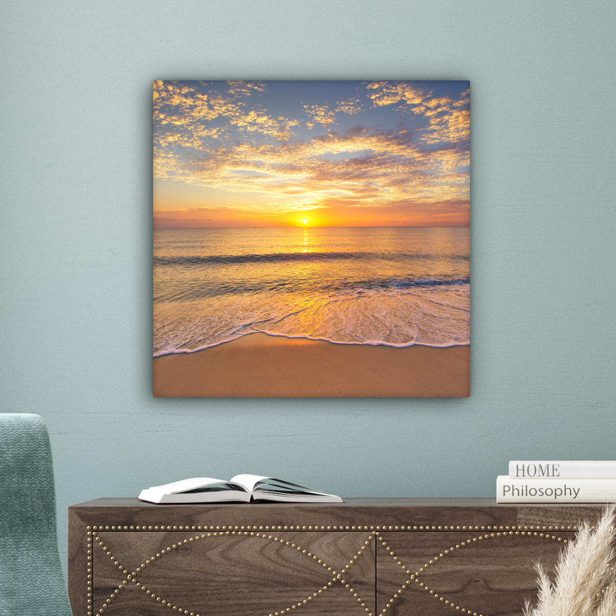 LEINWANDBILD Strand - Sonnenuntergang - Meer Wandbild Wohnzimmer 50x50 cm - Gelb, Textil (50/50cm) - MuchoWow