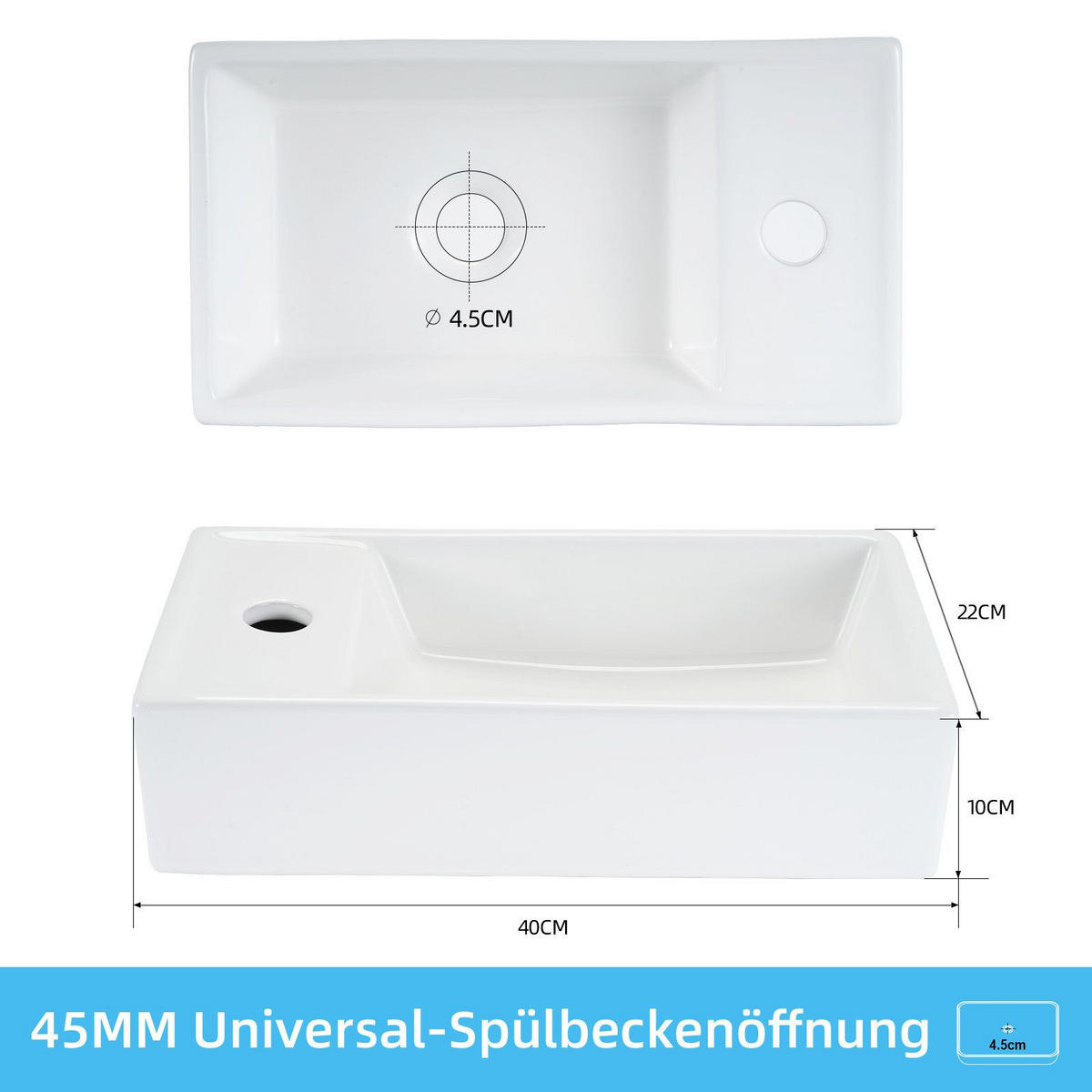 WASCHBECKEN Barnett II 40/22/10cm - Weiß, Keramik (22/10/40cm) - Nettlife