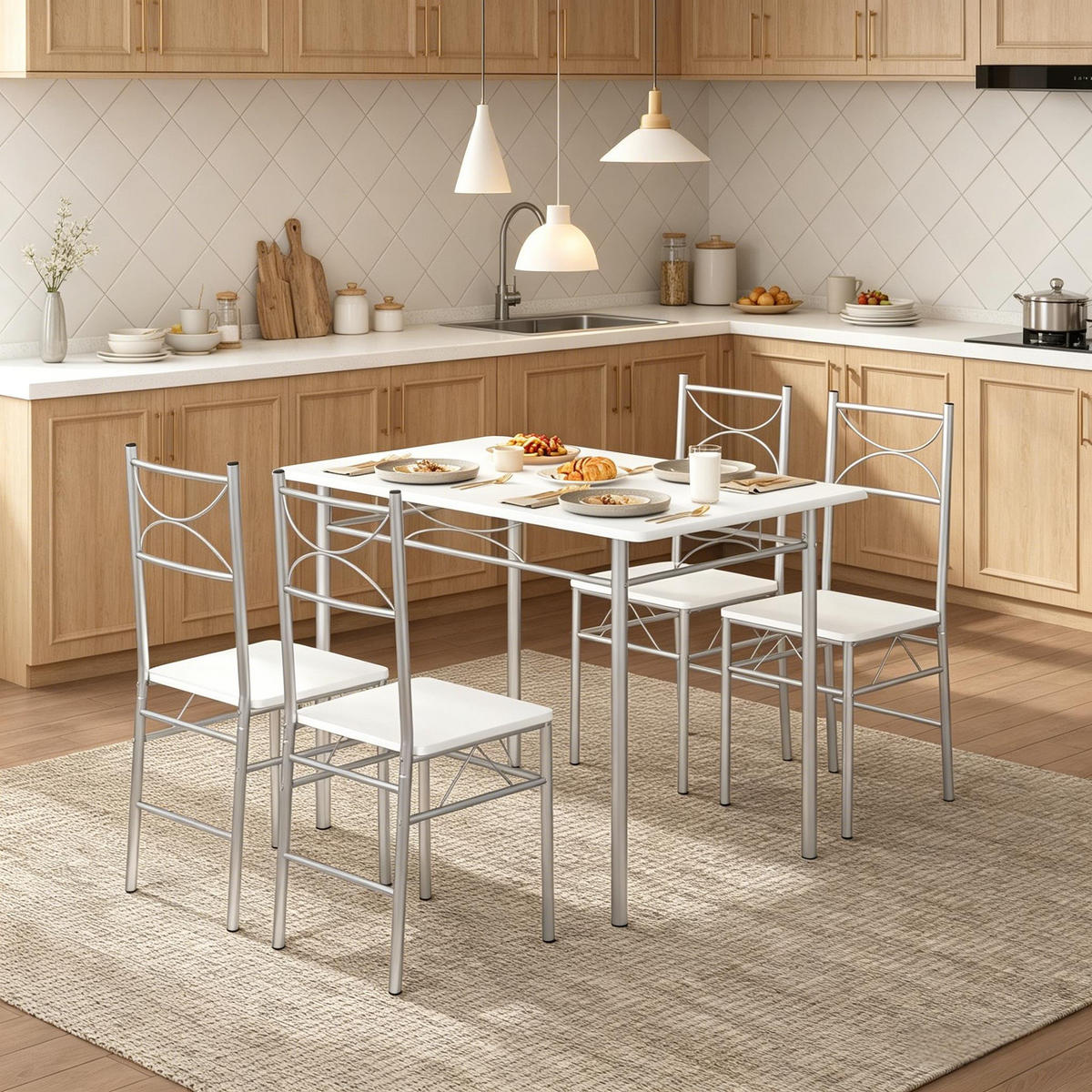 ESSGRUPPE DE-39312 110/70 cm Tisch mit 4 Stühlen Silber - Silberfarben, Metall (110/76/70cm) - ComfortXL