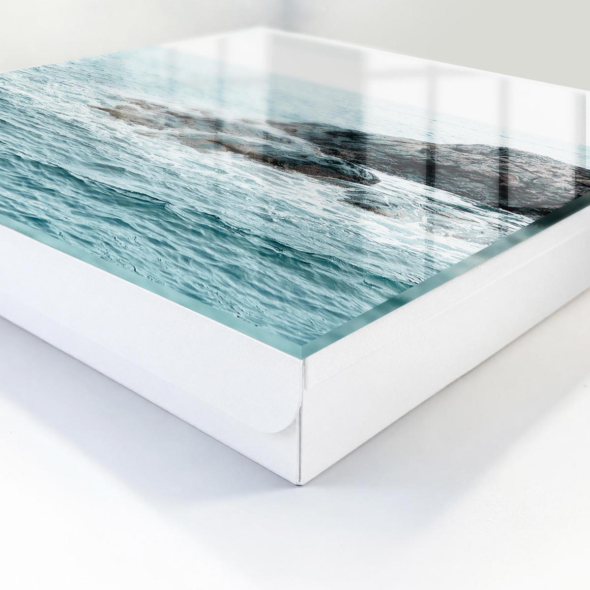 SCHLÜSSELBOX Weiß 30x30 cm – Türöffnung nach rechts - Meereswellen - Türkis, Metall (30/30/5cm) - TULUP