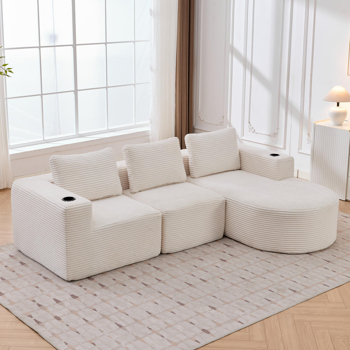 ECKSOFA 258/171/62.5 cm Beige mit 3 Kissen und 2 Getränkehalter - Beige, Textil (265/176cm) - Oxeza
