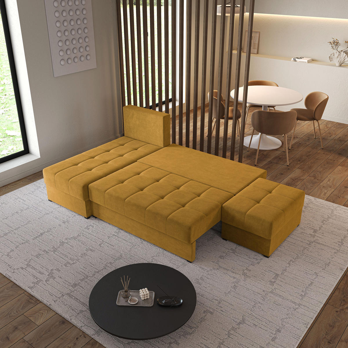 ECKSOFA NORVI Gelb Plüsch-Stoff mit Schlaffunktion - Gelb, Holz (251/143cm) - MASSENO