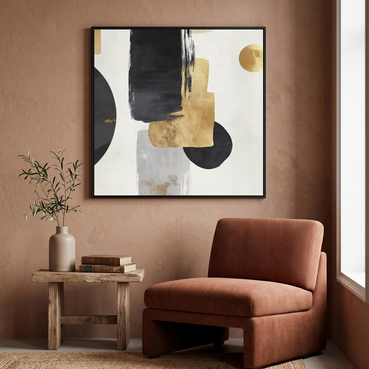 LEINWAND Bilder mit Rahmen - Gold - Rechtecke - Kreise - Abstrakt - 90x90 - Weiß, Textil (90/90cm) - MuchoWow