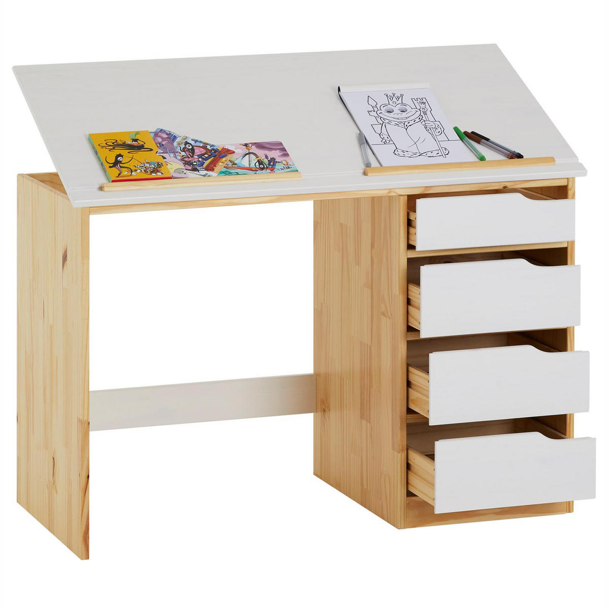 KINDERSCHREIBTISCH EMMA - Naturfarben/Weiß, Holz (114/76/55cm) - IDIMEX