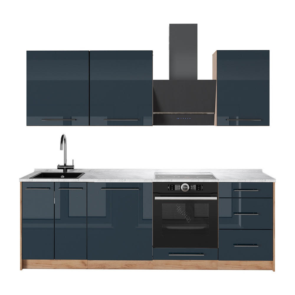 KUCHYNKA Fame-Line, Tmavo modrá vysoký lesk/Dub Goldkraft, 230 cm, AP Marble - tmavomodrá/dub medový, kompozitné drevo (230/206.8/60cm) - Vicco