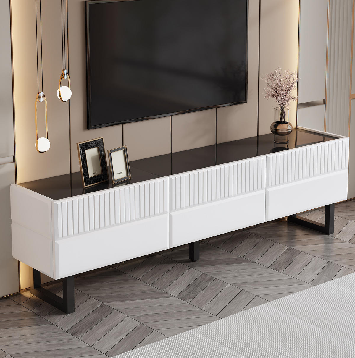 TV stolek 170/35/47 cm černobílý z MDF a dřevotřísky s úložnými zásuvkami - černá, kompozitní dřevo (170/47/35cm) - OKWISH